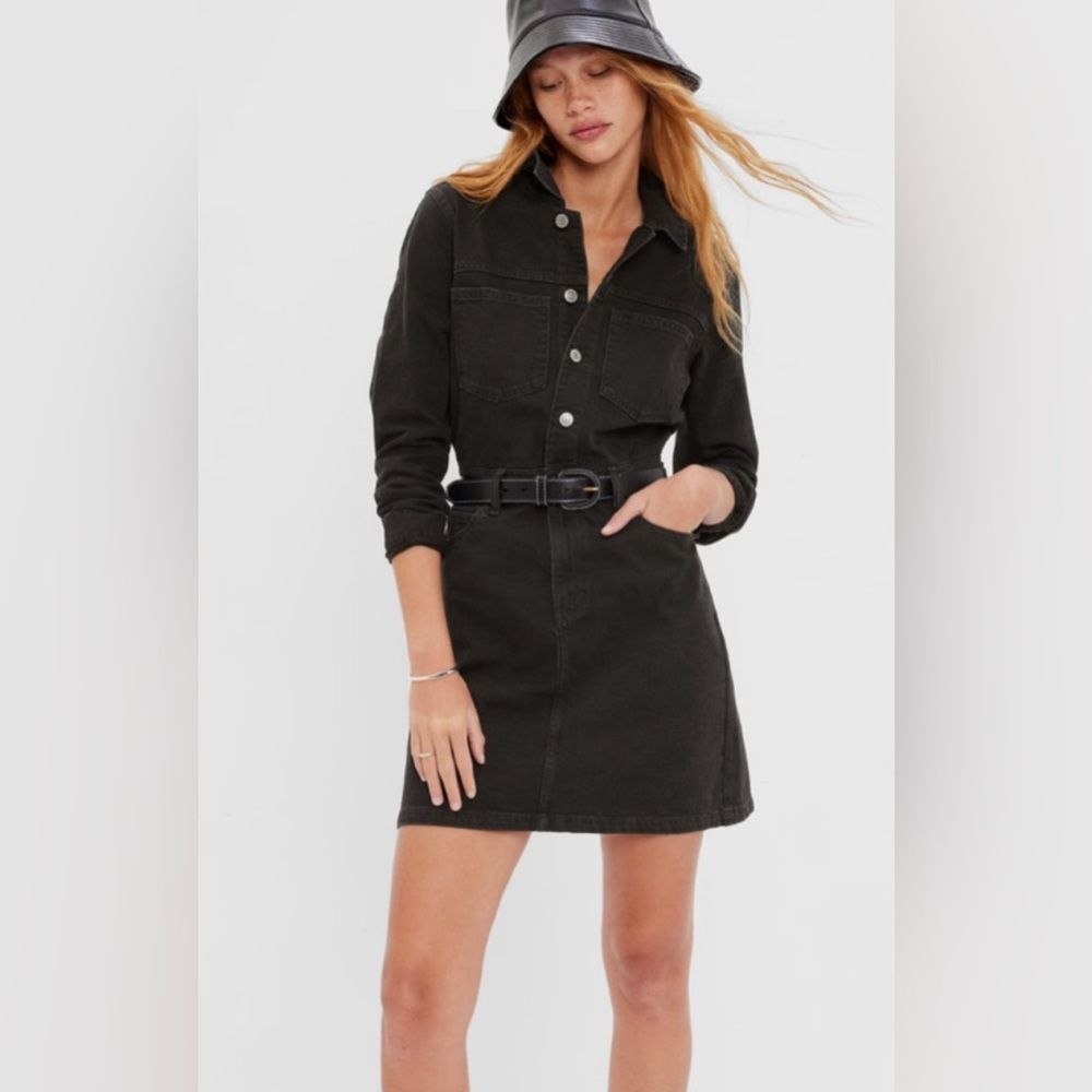GAP Black Long Sleeve Button-Front Denim Dress